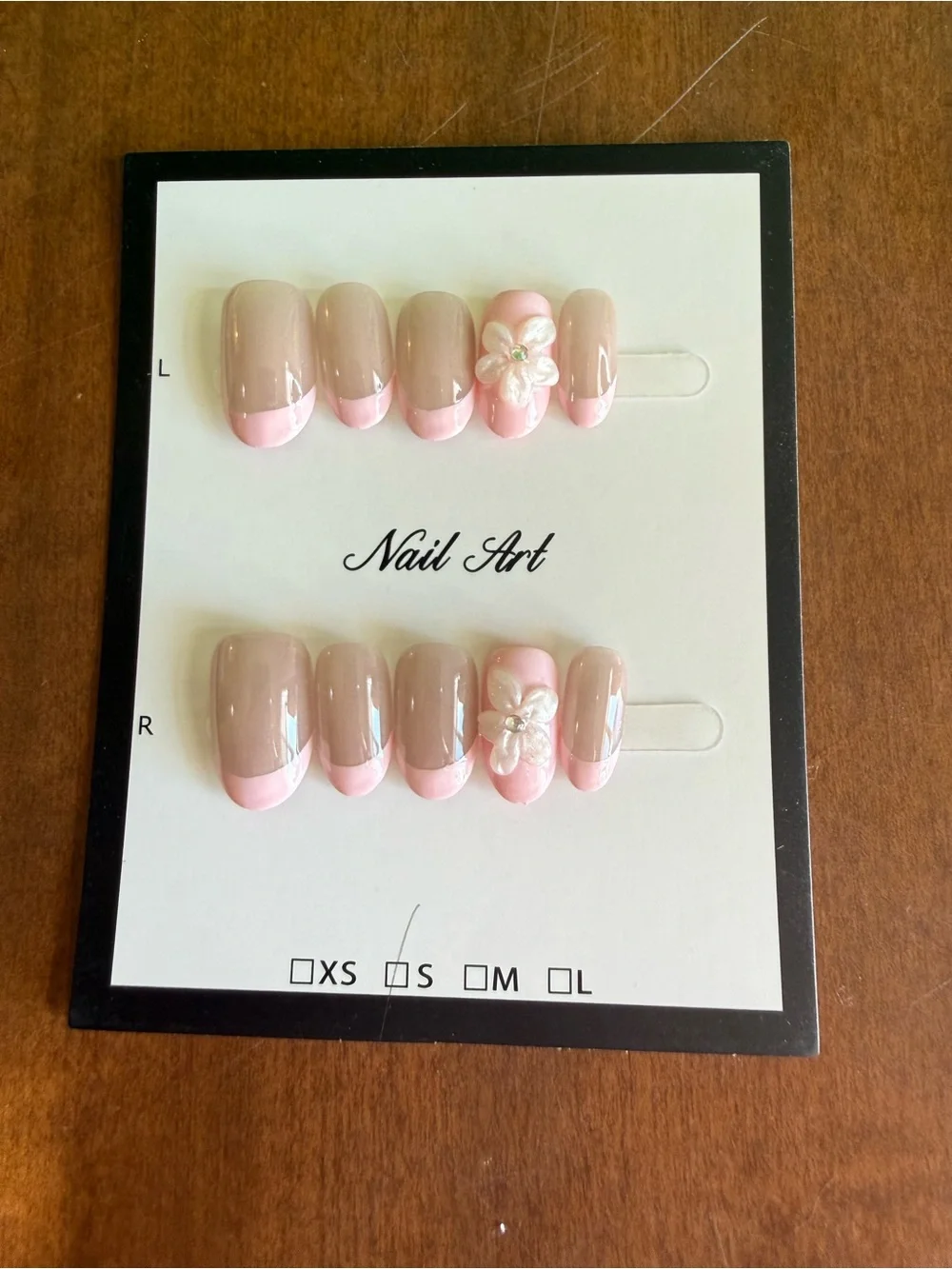 Neutral Taupe Press-On Nails with Pink French Tips & 3D Flower Accent